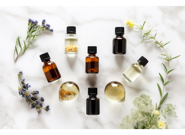 top-view-essential-oils-artfully-arranged-white-stone-tableperfect-promoting-aromatherapy